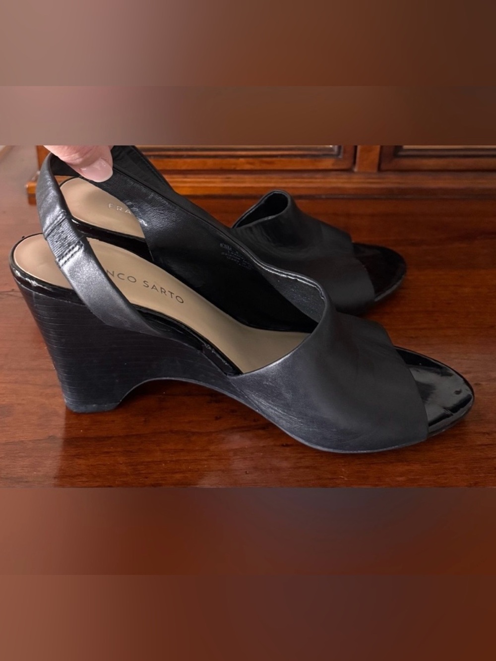 Franco Sarto Leather Asymmetrical Black Wedge, Open-Toe Slingback 3” Heels